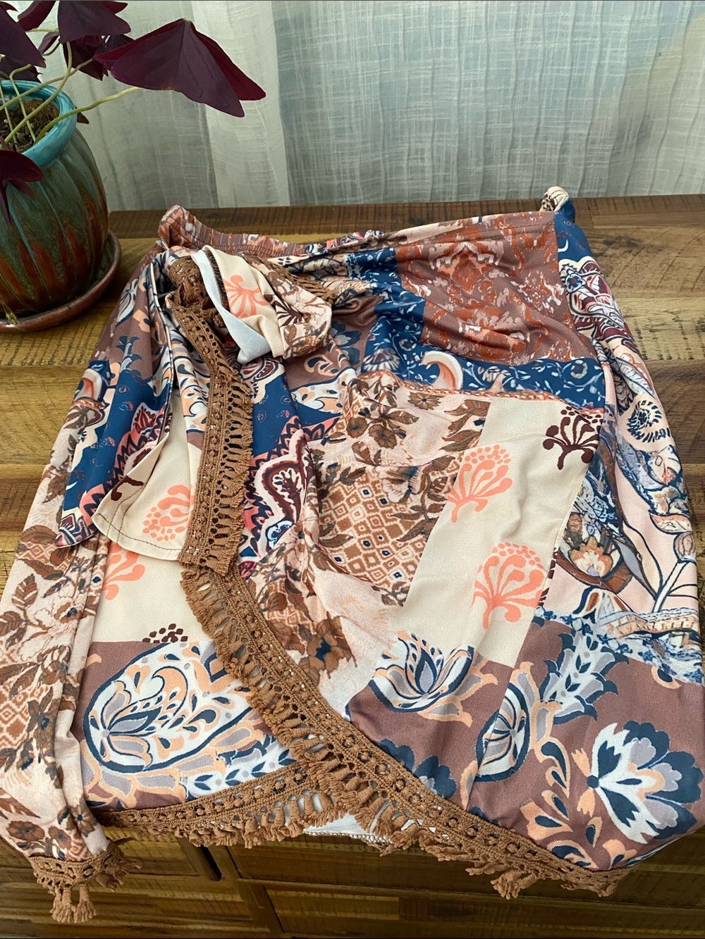 Zaful Peach, Navy & Brown Boho Patchwork Tassel Skirt